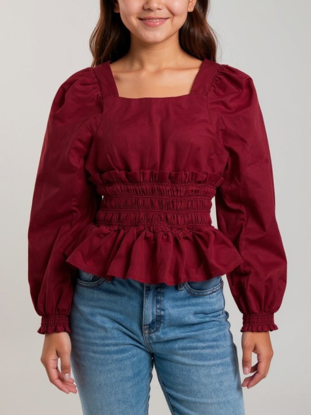 Habitual Girl Burgundy Red Smocked Peplum Top - Size 10